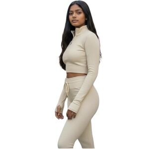 NWT 2pc cream Ribbed Zip-Up CropTop w leggings stretch Gymwear Workout Yoga Med